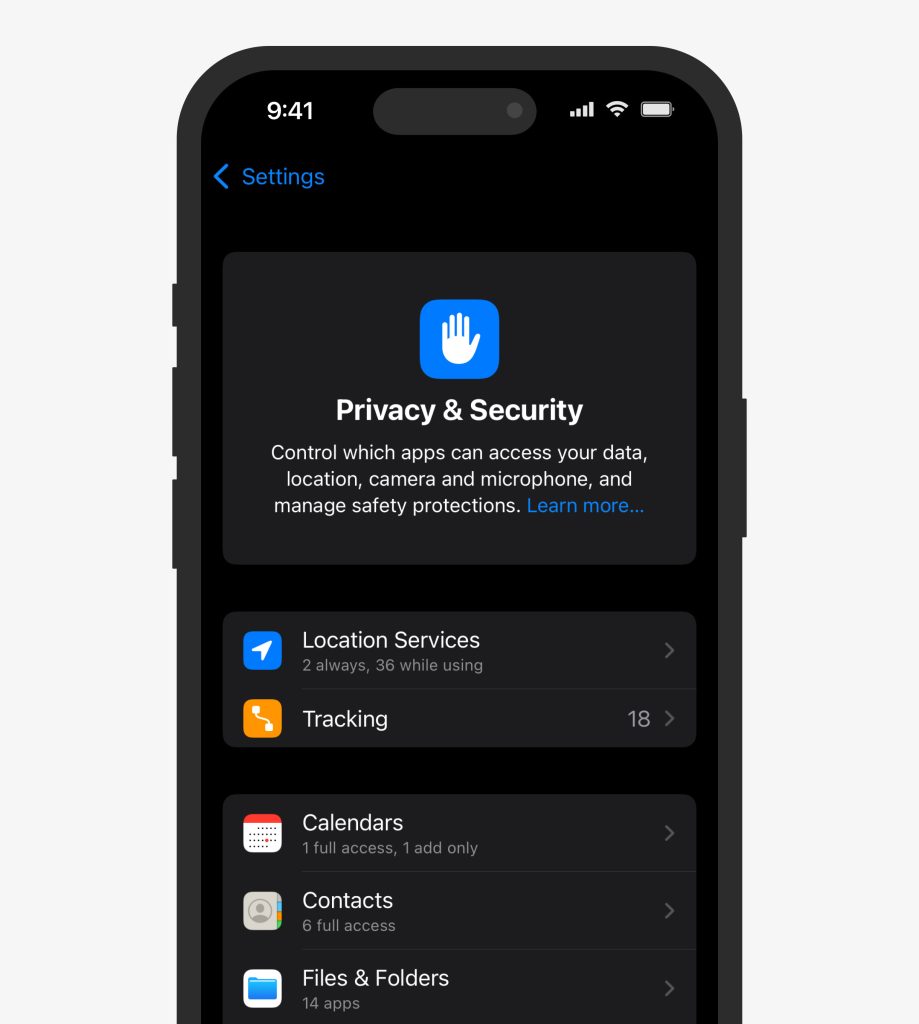 Privacy & Security screen on an iPhone to review app permissions